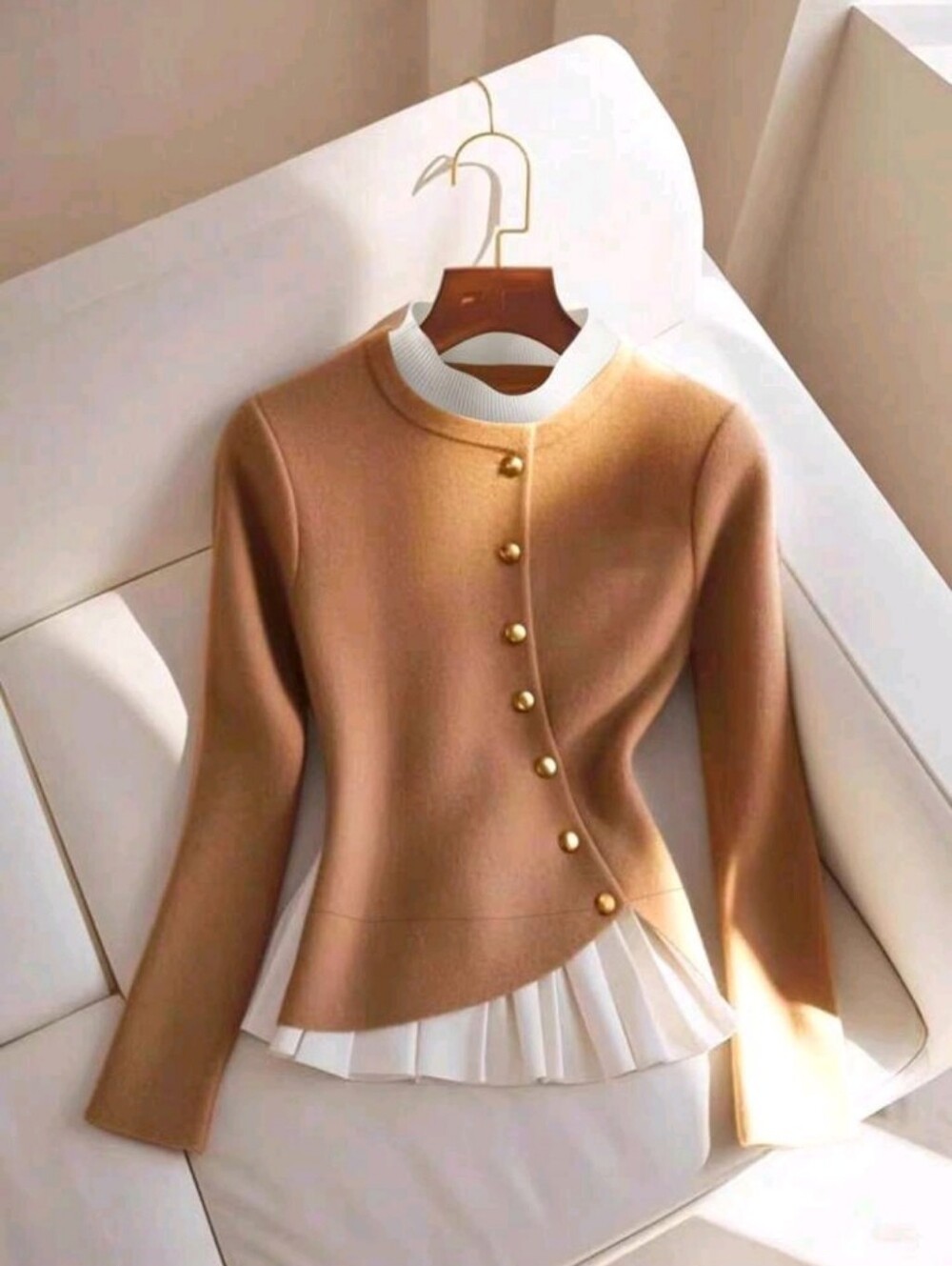 Elegant Color-Block Pleated 2 In 1 Sweater, Autumn/Spring Knit Pullover
